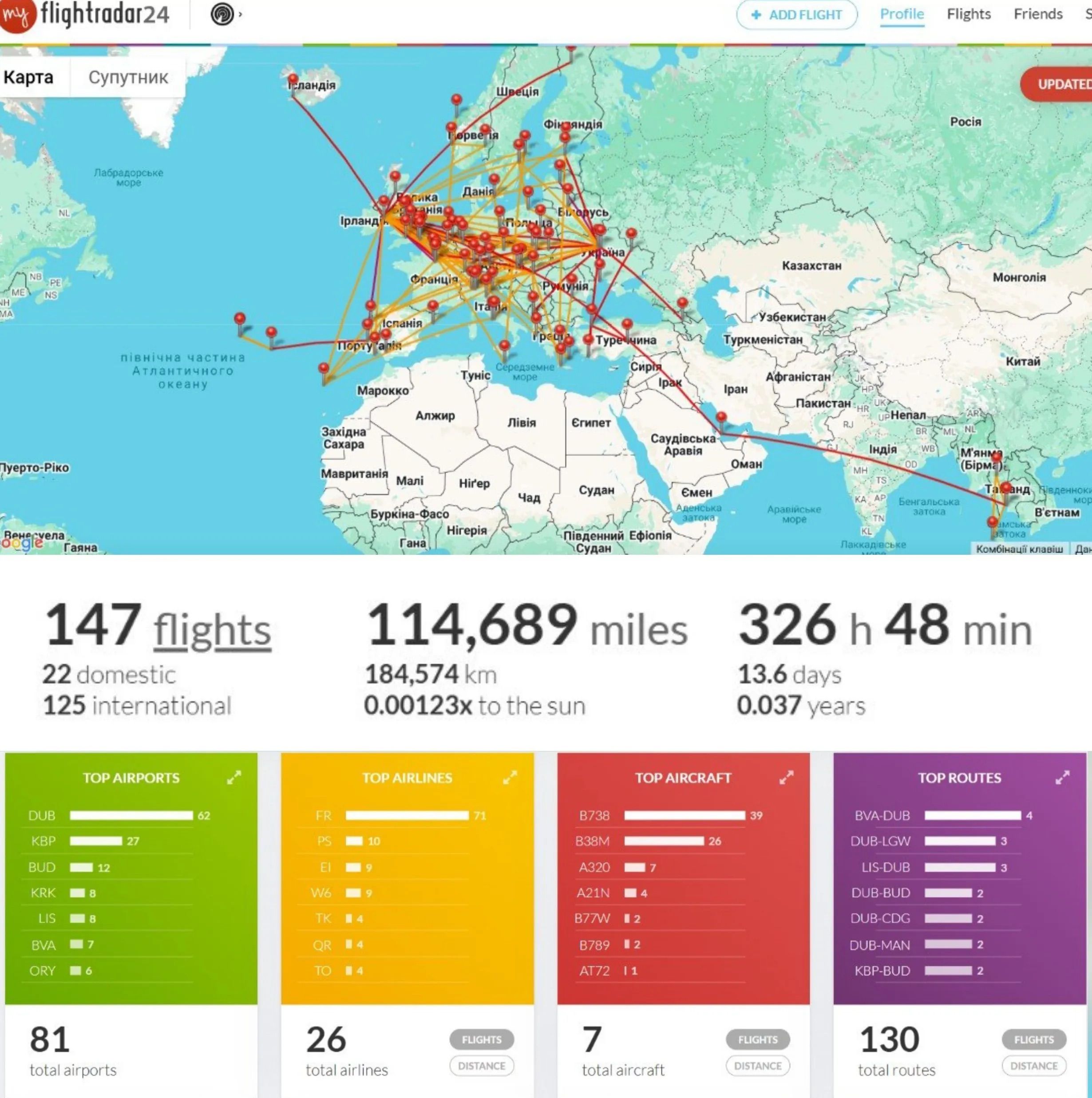 Українка внесла всі свої польоти на флайрадар, і ось що вийшло з того